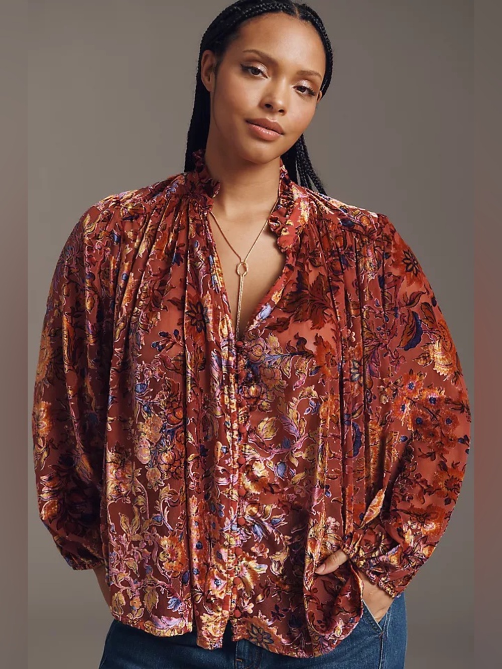Anthropologie Estela Sheer Burnout Velvet Floral Blouse Burgundy Medium